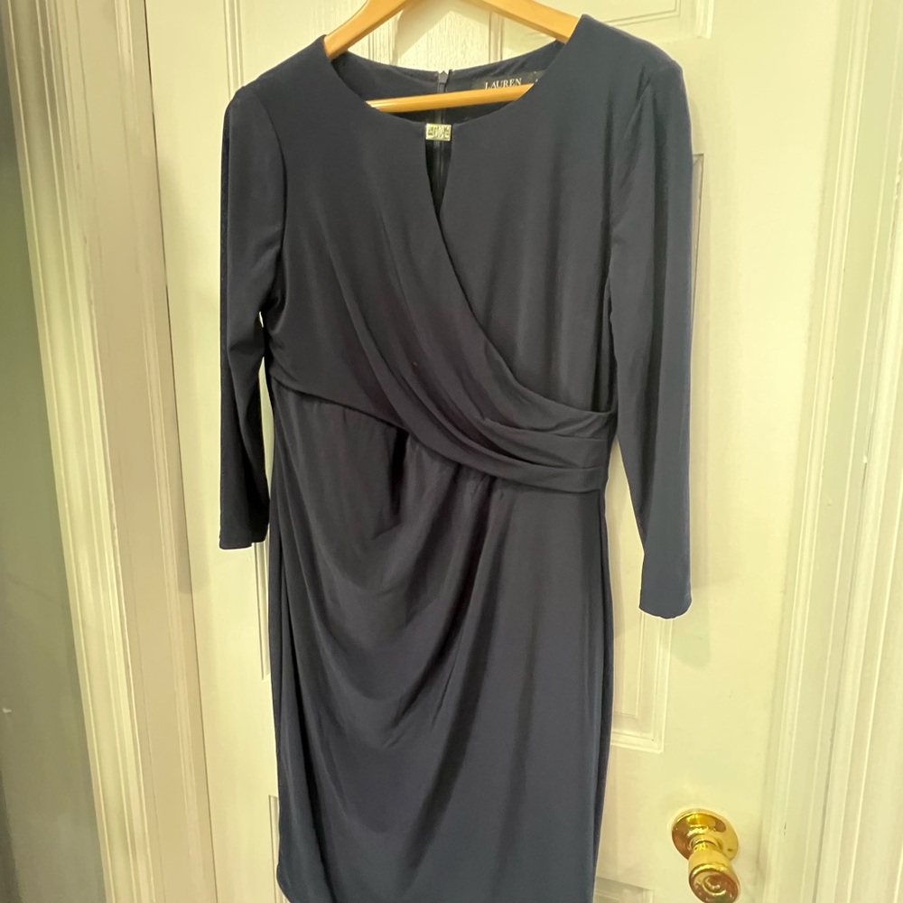 Ralph Lauren Blue Sheath Dress Ruched V-Neck